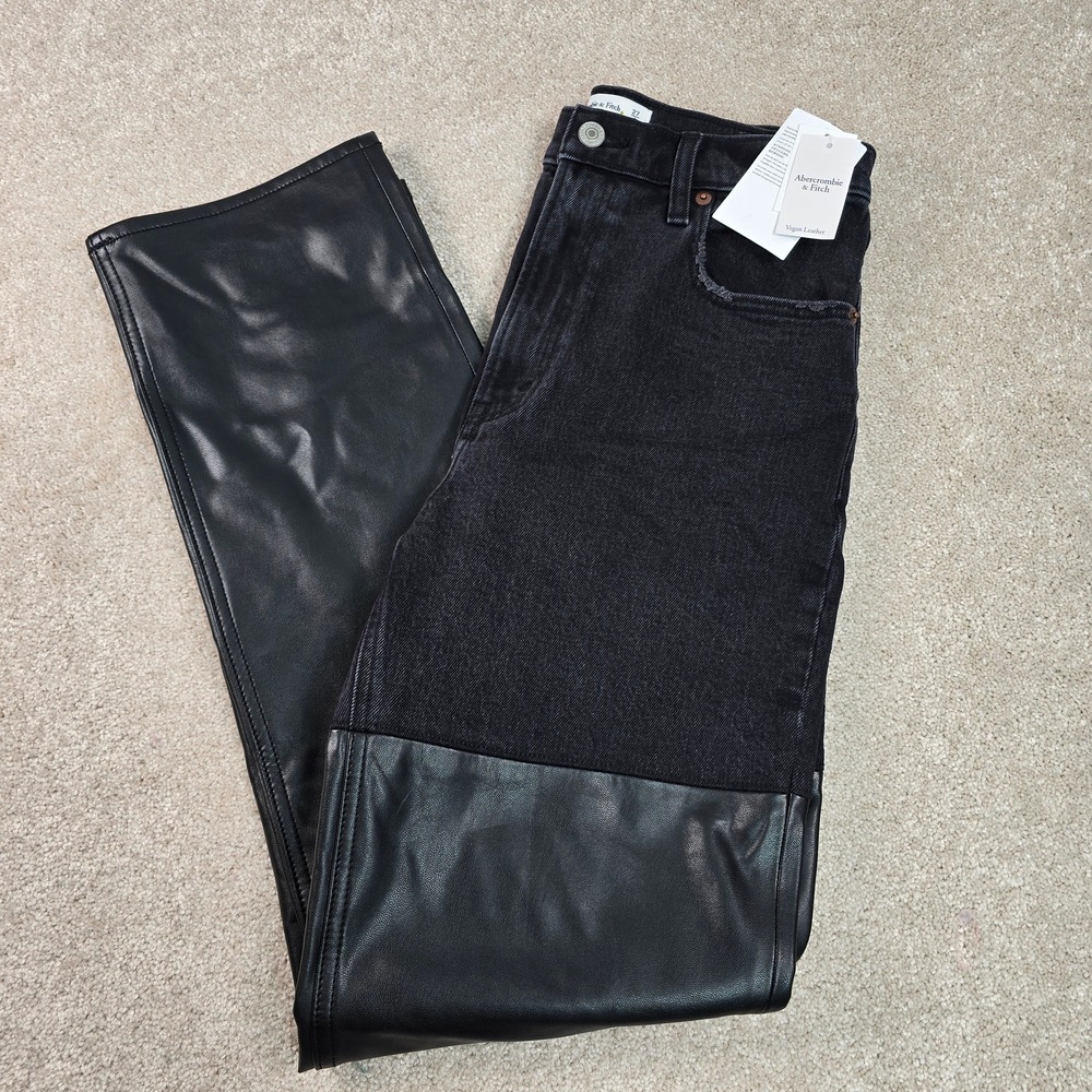 Abercrombie & Fitch Women’s Straight Leg Jeans with Faux Leather Panels - Black